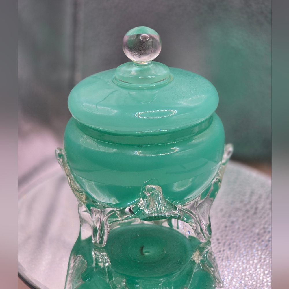 Vintage Murano Opalite Jadite Green Bonbonniere Italy Art Glass Jar